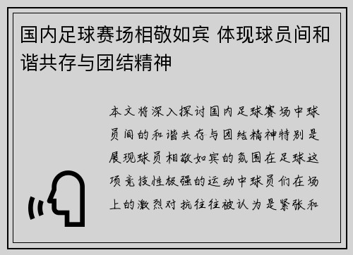 国内足球赛场相敬如宾 体现球员间和谐共存与团结精神