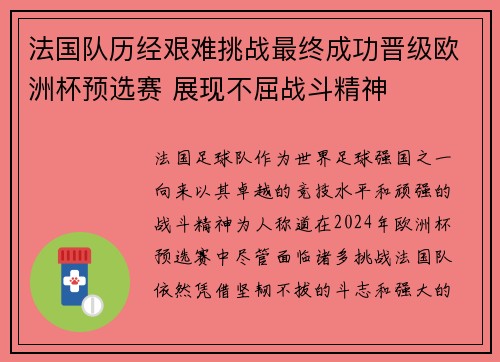 法国队历经艰难挑战最终成功晋级欧洲杯预选赛 展现不屈战斗精神
