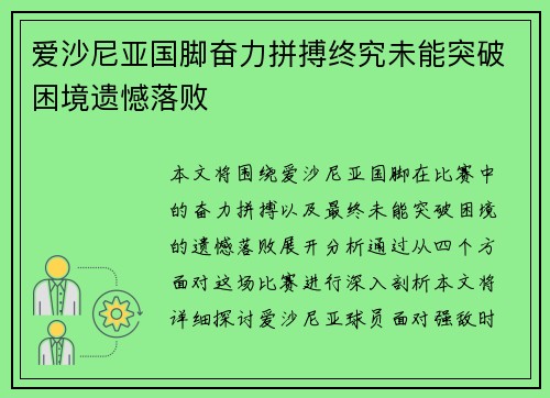 爱沙尼亚国脚奋力拼搏终究未能突破困境遗憾落败